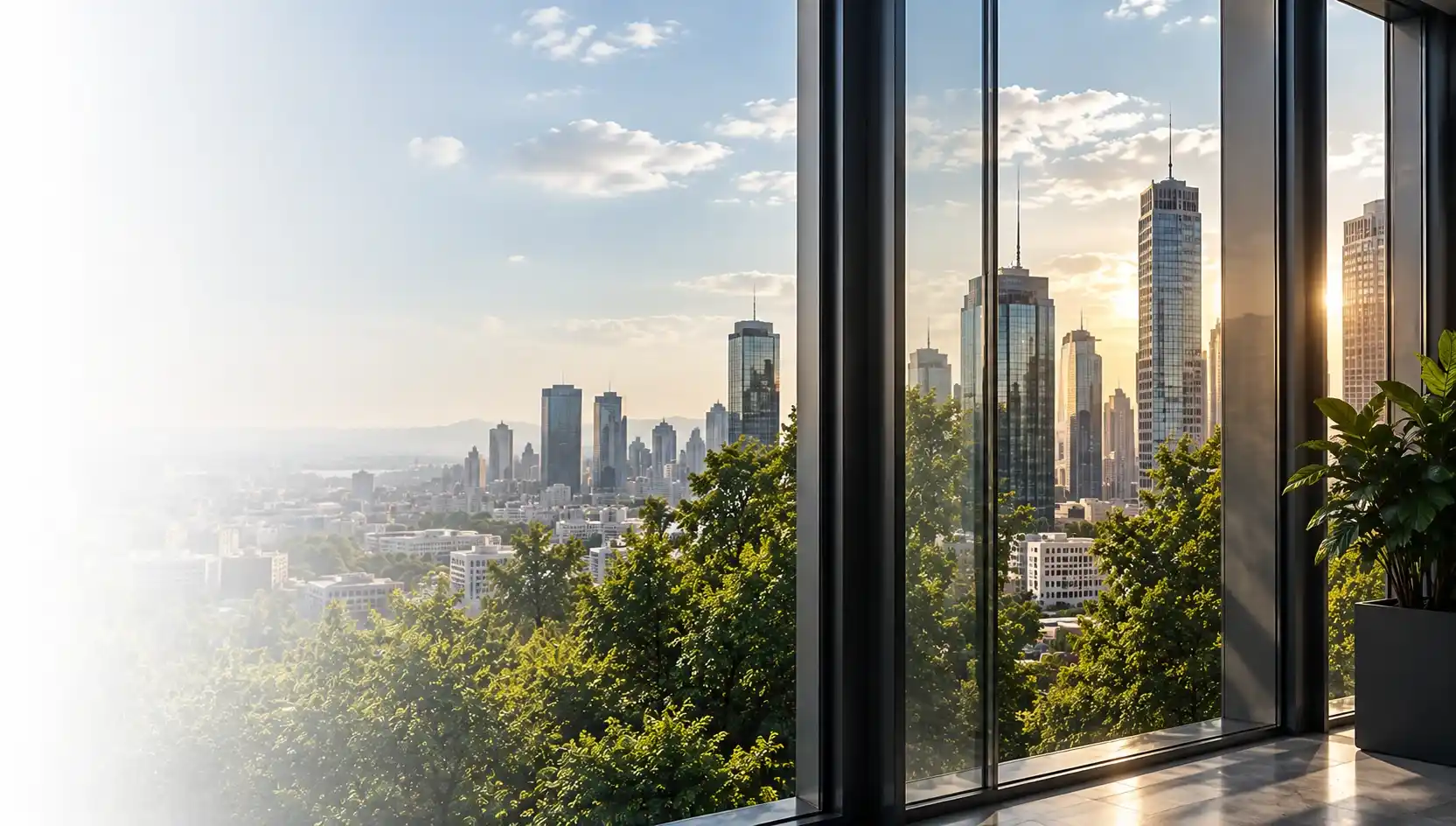 Vista panorámica desde una oficina ejecutiva hacia el horizonte corporativo